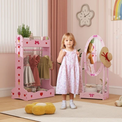 AIYAPLAY Kids Clothes Rail & Mirror Set with Storage Pink