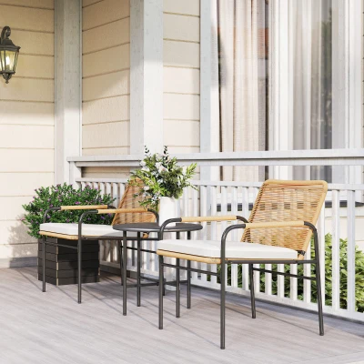 Outsunny Conjunto de Jardim de 3 Peças Móveis de Jardim com 2 Cadeiras com Almofadas Removíveis e Laváveis e Mesa com Bancada de Metal Madeira e Creme
