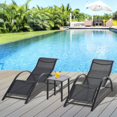 Outsunny Set de 2 Tumbonas Jardín Exterior con Mesa Auxiliar de Vidrio Templado Tumbonas con Respaldo Reposabrazos para Patio Piscina Terraza Exterior Negro