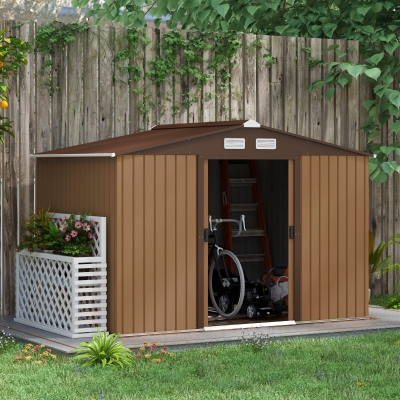 Outsunny Cobertizo de Jardín 4,9 m² 277x195x192 cm con 2 Puertas Corredizas Base Refuerzo (Suelo NO Incluido) Amarillo