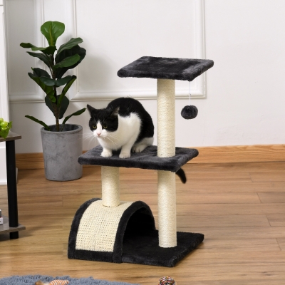 PawHut Rascador para Gatos de 3 Niveles Árbol para Gatos con Postes de Sisal Tablero para Rascar y Bola Colgante Gris