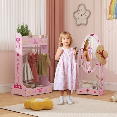 AIYAPLAY Kids Clothes Rail & Mirror Set with Storage Pink