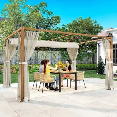 Outsunny Pérgola de Jardín 4x3 m con Techo Retráctil Mosquiteras Laterales de Malla y Marco de Aluminio para Terraza Natural