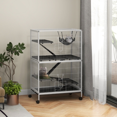 PawHut Jaula para Animales Pequeños con Ruedas Rampas Hamaca y Bandeja Extraíble para Chinchillas Hurones 80x52x128 cm Blanco