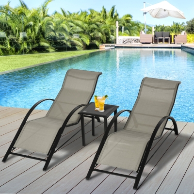 Outsunny Set de 2 Tumbonas Jardín Exterior con Mesa Auxiliar de Vidrio Templado Tumbonas con Reposabrazos para Patio Terraza Gris