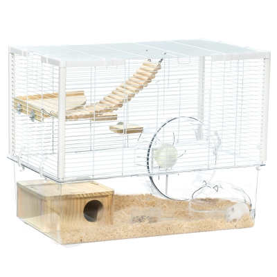 PawHut Hamster Cage with Wooden Ramp & Wheel - White