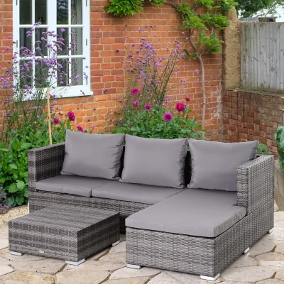 Outsunny 3 Pieces Rattan Garden Furniture Sofa Set, 4 Seater Garden Corner Sofa with 5-Level Reclining Sun Lounger and Storage Coffee Table, Outdoor Furniture Conservatory Set with Cushions, Grey