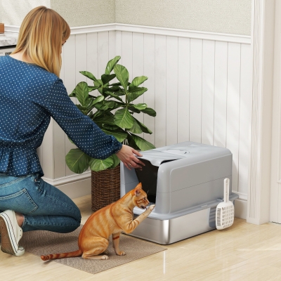 PawHut Litière pour chat, Bac en acier inoxydable, Filtre, Pelle, pour chats jusqu'à 6 kg, 40,5 x 60,5 x 41,5 cm, Gris/Argent