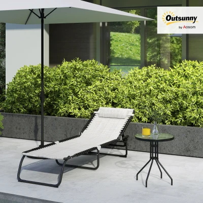 Outsunny Outdoor Foldable Sun Lounger, Patio 4 Level Adjustable Backrest Reclining Chaise Chair, Steel Frame Recliner Chair with Breathable Mesh Fabric Seat, Cream White