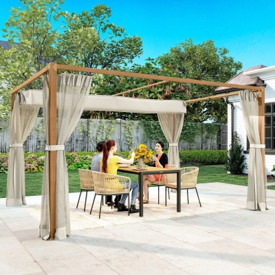 Outsunny Pérgola de Jardim 4x3 m Pérgola para Exterior com Teto Retrátil e Mosquiteiros Laterais para Terraço Pátio Natural