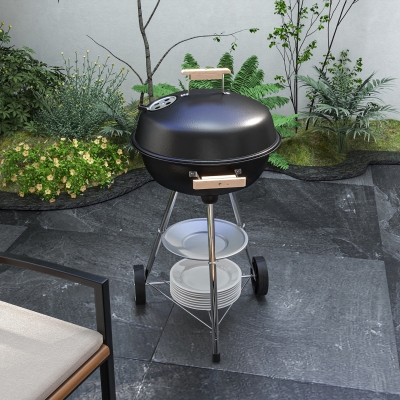 Outsunny Barbacoa de Carbón Vegetal con Ruedas Parilla de Carbón BBQ Portátil Tapa y Tazón Esmaltados Mangos de Madera 48x56x85cm para Jardín Exterior Picnic Acampada