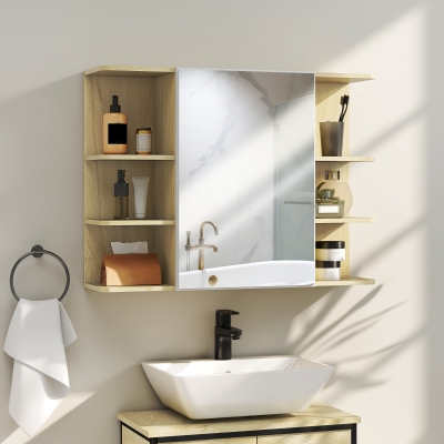 HOMCOM Armario de Baño de Pared con Espejo Puerta Estantes Abiertos 80x20x59 cm Natural