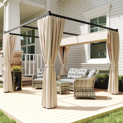 Outsunny Cenador para Exterior 3x3 m con Techo y Paredes Laterales Retráctil Marco Metálico Impermeable para Terraza Beige