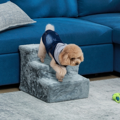 PawHut Escalera para Perros de 3 Peldaños con Funda Extraíble y Lavable para Mascotas Mayores para Cama Sofá 46x35x35 cm Gris