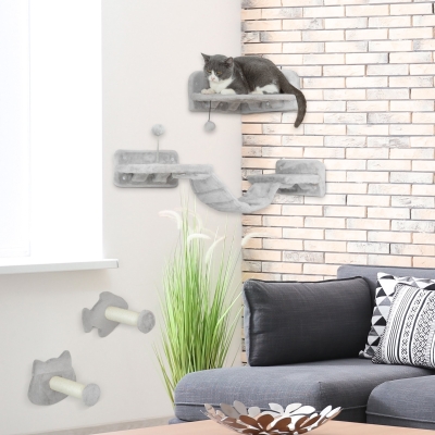 PawHut Juego de Pared de Escalada para Gatos con Postes de Sisal Plataforma Doble con Escalera y 1 Plataforma para Saltar Gris