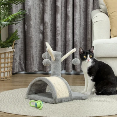 PawHut Kratzbaum 40 cm Kleiner Katzenturm mit Höhle, 2 Spielball, Kratzmatte, Katzenkratzbaum, Kletterbaum, für kleine & große Katzen, Hellgrau