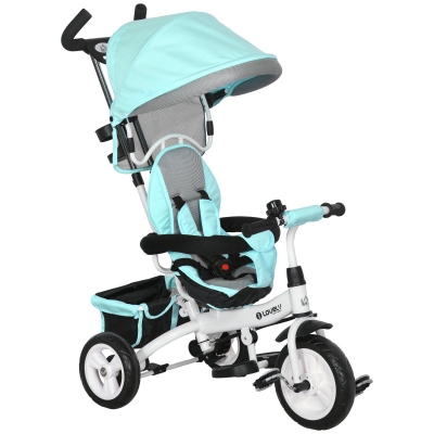 HOMCOM Triciclo Evolutivo para Niños de 1-5 Años con Toldo Plegable Mango Telescópico y Cinturón de Seguridad Verde Mint