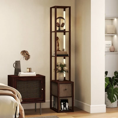 HOMCOM Floor Lamp with Shelves LED Fabric Drawer Dark Brown