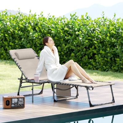 Outsunny Tumbona Plegable con Respaldo Ajustable Reposacabezas Bolsillo Lateral Bandeja y Estructura de Acero 190x60x31 cm Crema