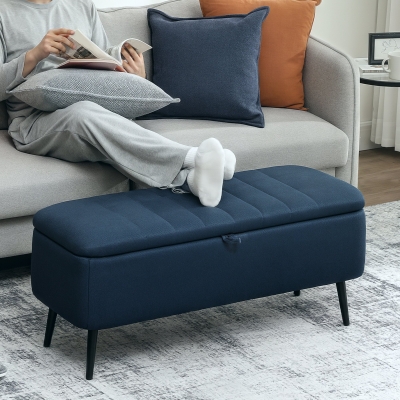 HOMCOM Linen-Look Storage Ottoman Dark Blue 92x31cm