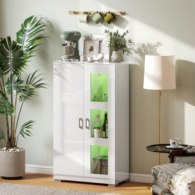 HOMCOM Buffet LED RGB Blanc 71x35x126cm Portes Vitrées