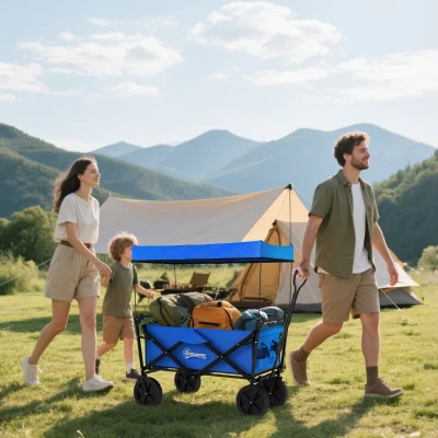 Outsunny Carro Plegable con Toldo Desmontable Longitud y Ángulo del Mango Ajustables y Bolsa de Transporte Carga 100 kg Azul