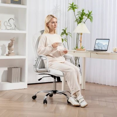 HOMCOM Chaise Bureau Pivotante Réglable Blanc avec Bascule