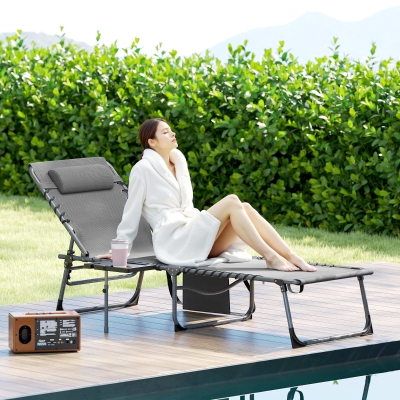 Outsunny Tumbona Plegable con Respaldo Ajustable Reposacabezas Bolsillo Lateral Bandeja y Estructura de Acero 190x60x31 cm Gris