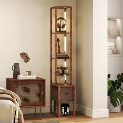 HOMCOM Floor Lamp with Shelves LED Fabric Drawer Rustic Brown