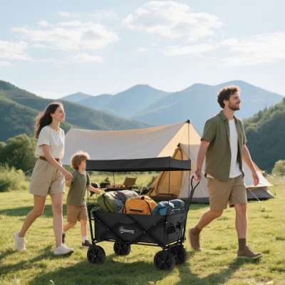 Outsunny Bollerwagen mit Dach, klappbar, 110L Kapazität, Stahlrahmen, 97x52x105 cm, Schwarz
