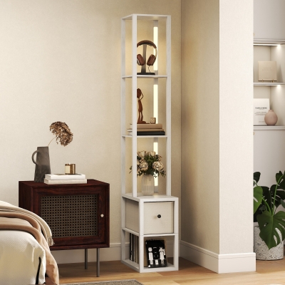 HOMCOM Floor Lamp with Shelves LED Fabric Drawer White