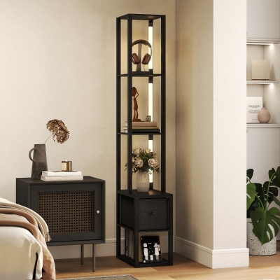 HOMCOM Floor Lamp with Shelves LED Fabric Drawer Black