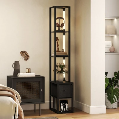 HOMCOM Floor Lamp with Shelves LED Fabric Drawer Black