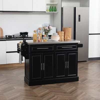 HOMCOM Isla de Cocina con Ruedas Tablero de Acero Inoxidable Cajones Estantes Ajustables Especiero Toallero 145x45x93 cm Negro