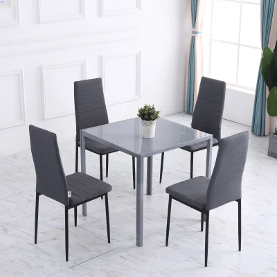 HOMCOM Set von 4 Esszimmerstühlen, Küchenstühle mit hoher Rückenlehne, Metallbeinen und Leinenbezug 41x50x97cm Grau