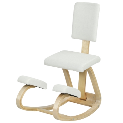 HOMCOM Kniesitz, ergonomischer schaukelnder Holzhocker mit Rückenlehne, Kniesessel für Homeoffice, Creme