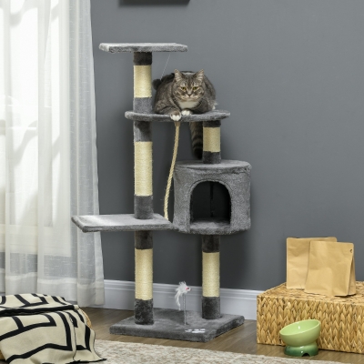 PawHut Rascador para Gatos Altura 116 cm Árbol para Gatos con Postes de Sisal Cueva Plataformas y Juguetes Gris Oscuro