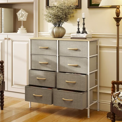 HOMCOM Industrial Chest 8-Drawer Steel Frame Maple Wood