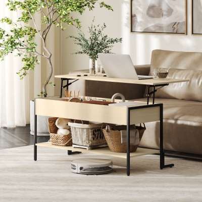 HOMCOM Mesa de centro con tapa elevable mesa de salón con compartimento oculto y estante abierto 95x40x59 cm madera natural