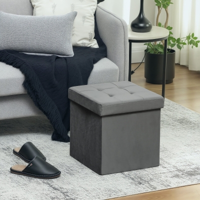 HOMCOM Foldable Velvet Storage Ottoman - Grey
