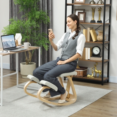 HOMCOM Kniesitz, ergonomischer schaukelnder Holzhocker mit Rückenlehne, Kniesessel für Homeoffice, Creme