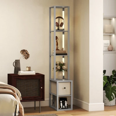 HOMCOM Floor Lamp with Shelves LED Fabric Drawer Grey