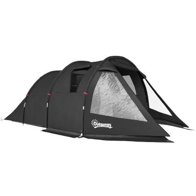 Outsunny 3-4 Man Tunnel Tent Black with Windows & Covers