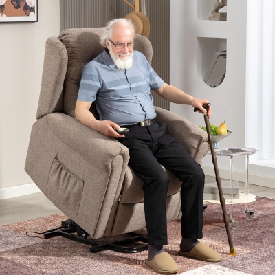 HOMCOM Sillón Relax Reclinable Eléctrico Levanta Personas con Respaldo Alto Capitoné Control Remoto Marrón Claro