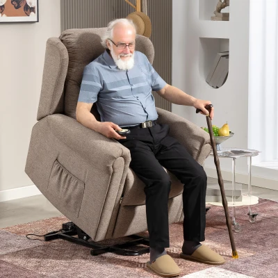 HOMCOM Sillón Relax Reclinable Eléctrico Levanta Personas con Respaldo Alto Capitoné Control Remoto Marrón Claro