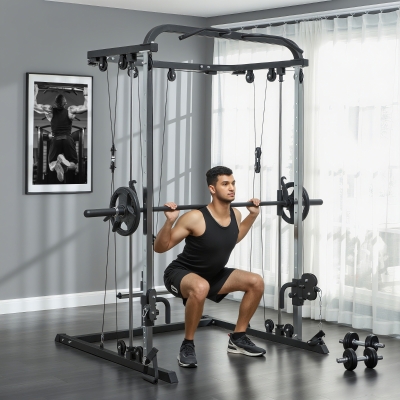 SPORTNOW Máquina Multifunción de Musculación con Soporte para Sentadillas y Barra para Pesas para Entrenamiento Fitness Negro