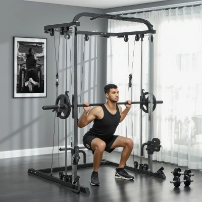 SPORTNOW Máquina Multifunción de Musculación con Soporte para Sentadillas y Barra para Pesas para Entrenamiento Fitness Negro