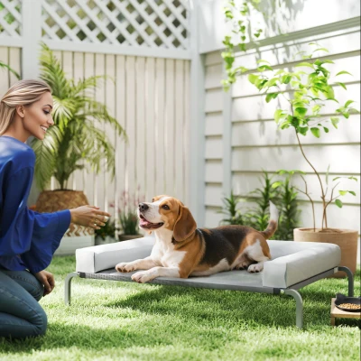 PawHut Cama Elevada para Cães com Latertais Amovíveis Cama Elevada para Cães Médios Portátil com Malha Respirável 130x90x30 cm Cinza Claro