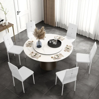 HOMCOM Set mit 6 Esszimmerstühlen mit PU-Bezug hohe Rückenlehne mit Kristallknöpfen und Stahlbeinen Modernes Design Weiß