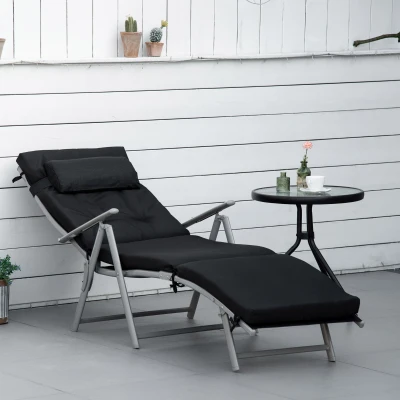 Outsunny Sonnenliege klappbar Strandliege mit Kopfkissen Sitzkissen Liegestuhl mit 7-Fach verstellbare Rückenlehne Gartenliege Relaxliege bis 165 kg belastbar, für Garten Urlaub Outdoor, Schwarz